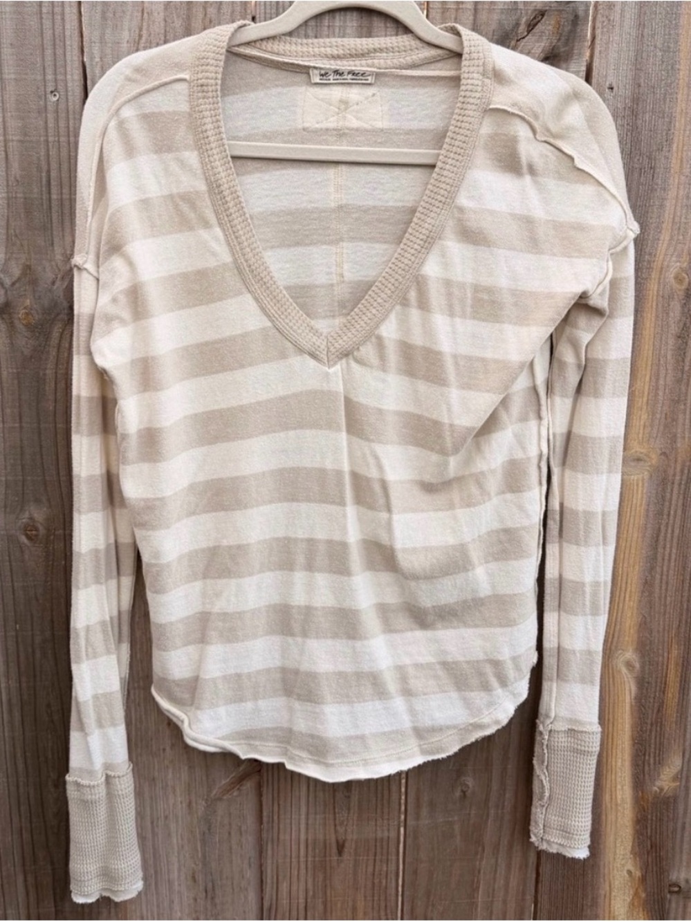 Free People Striped V-Neck Long Sleeve Top in Cream and Tan